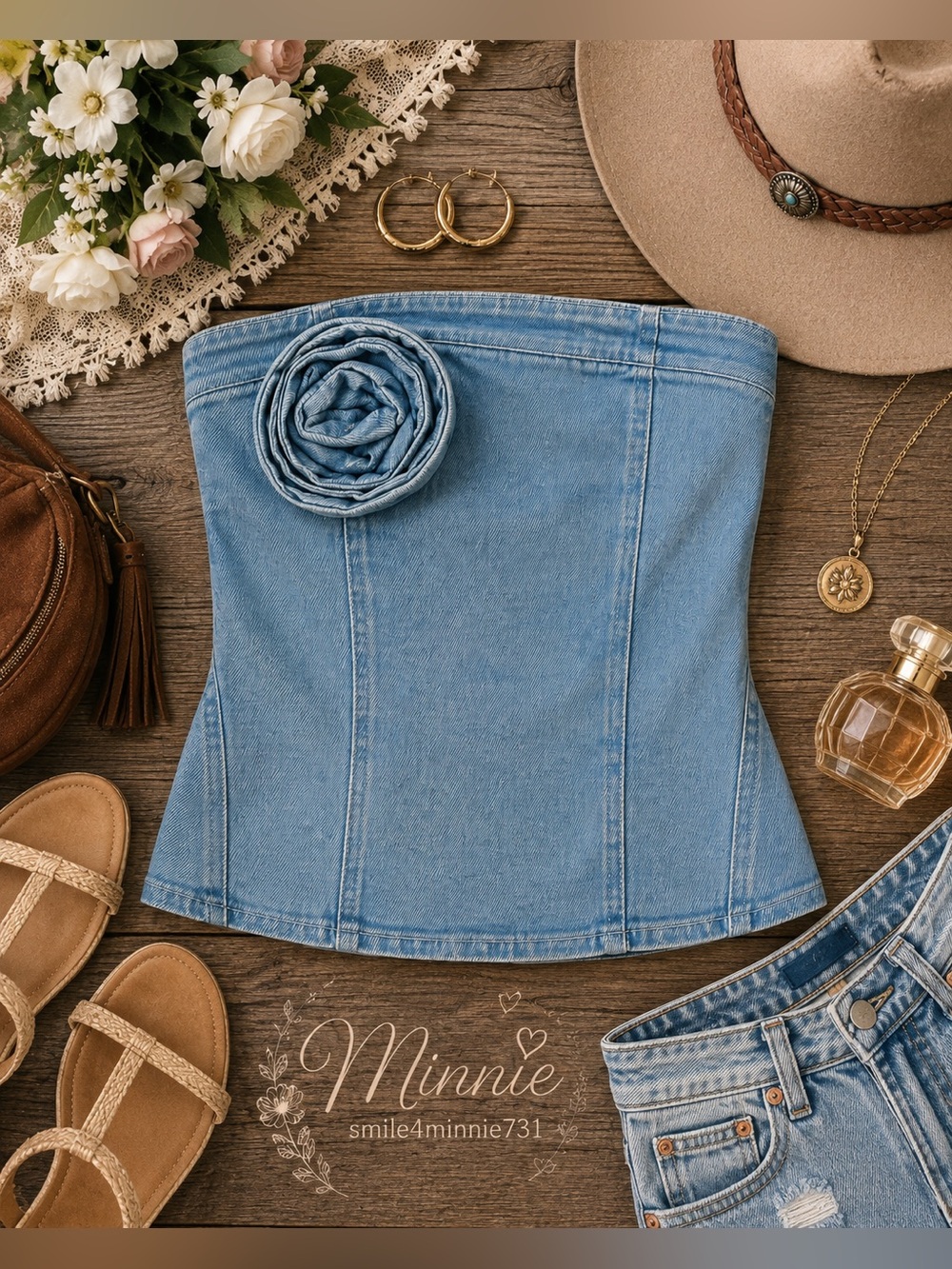 NA-KD Rose Detail Denim Tube Top Corset Y2K EU 38